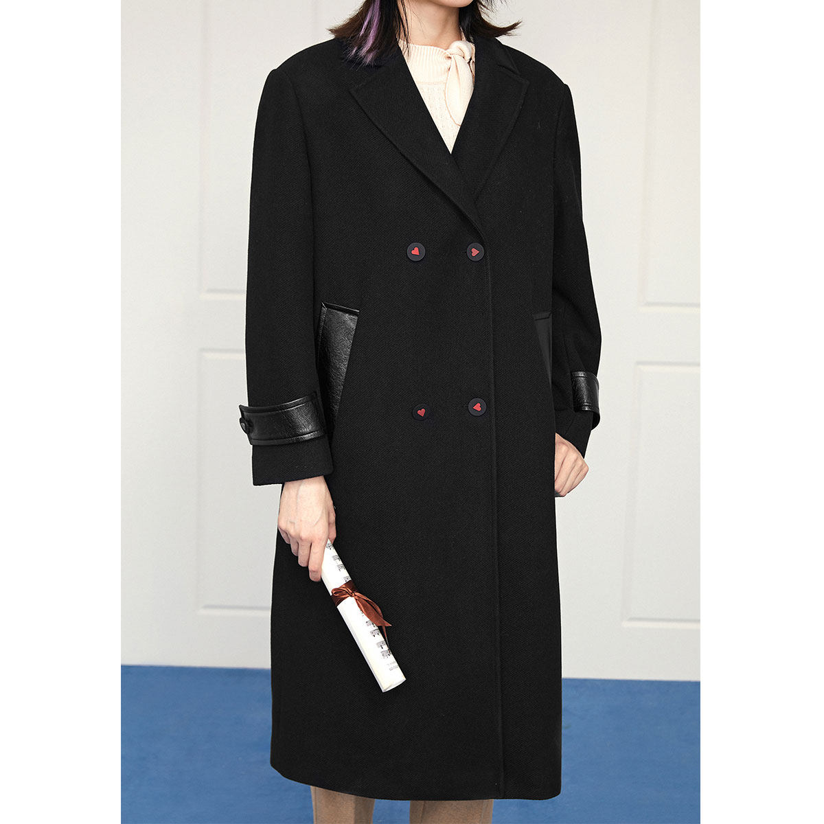 【玛丽猫联名】太平鸟黑色毛呢大衣 太平鸟广仁毛呢外套