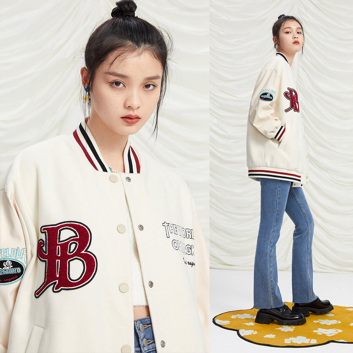 太平鸟美式棒球服女2021秋装夹克 太平鸟喜之乐短外套