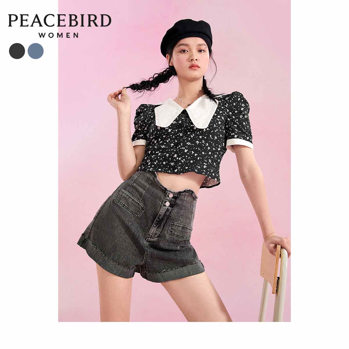 太平鸟高腰短裤2021年夏季腰牛仔裤 太平鸟喜之乐牛仔裤