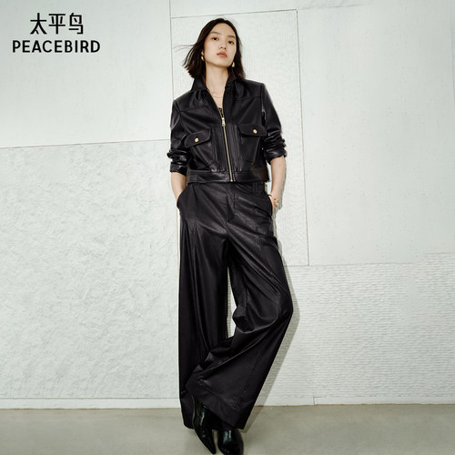 太平鸟黑色正肩仿蛋白PU皮衣外套女高级感翻领夹克女# - 图0