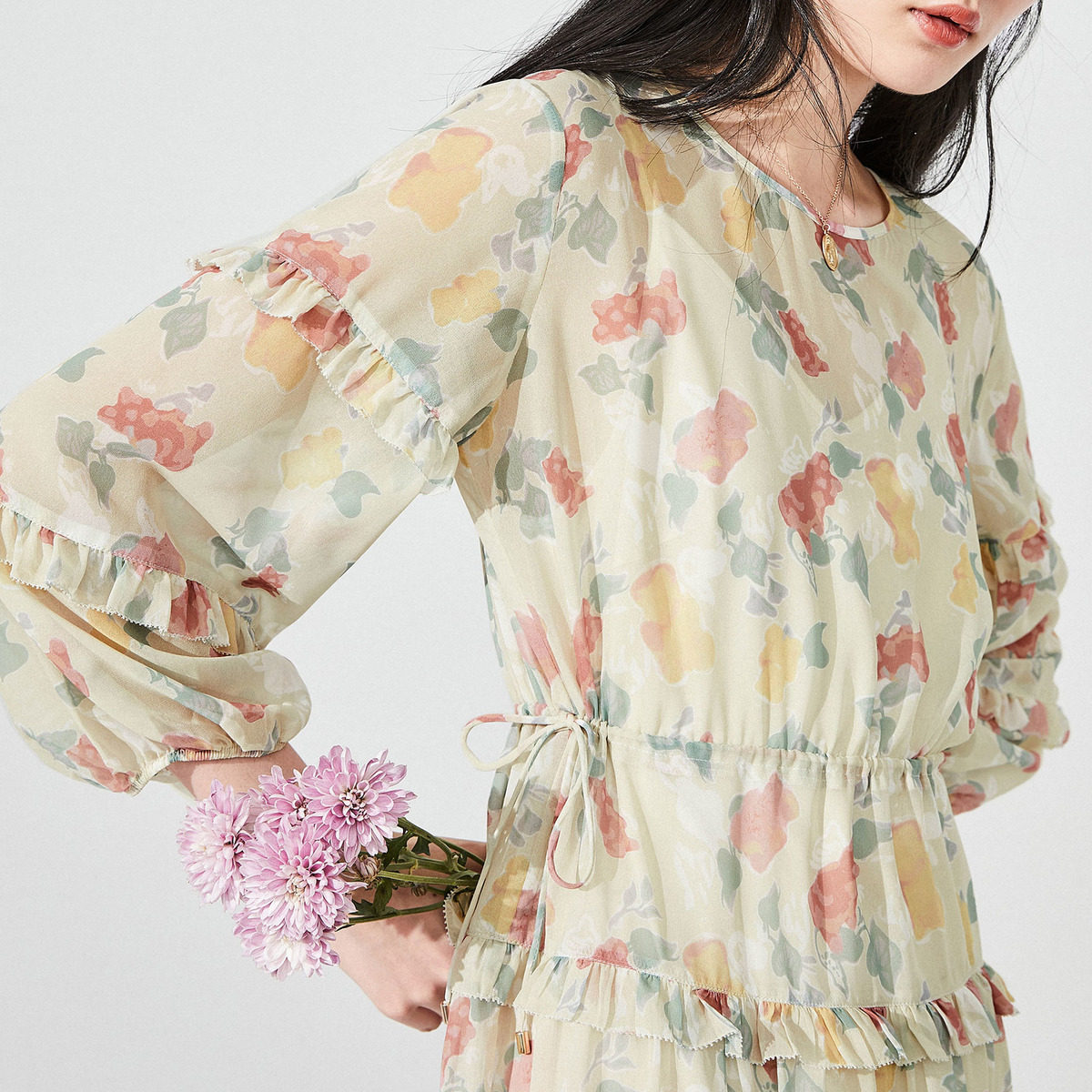 【商场同款】太平鸟印花荷叶边连衣裙 太平鸟广仁连衣裙