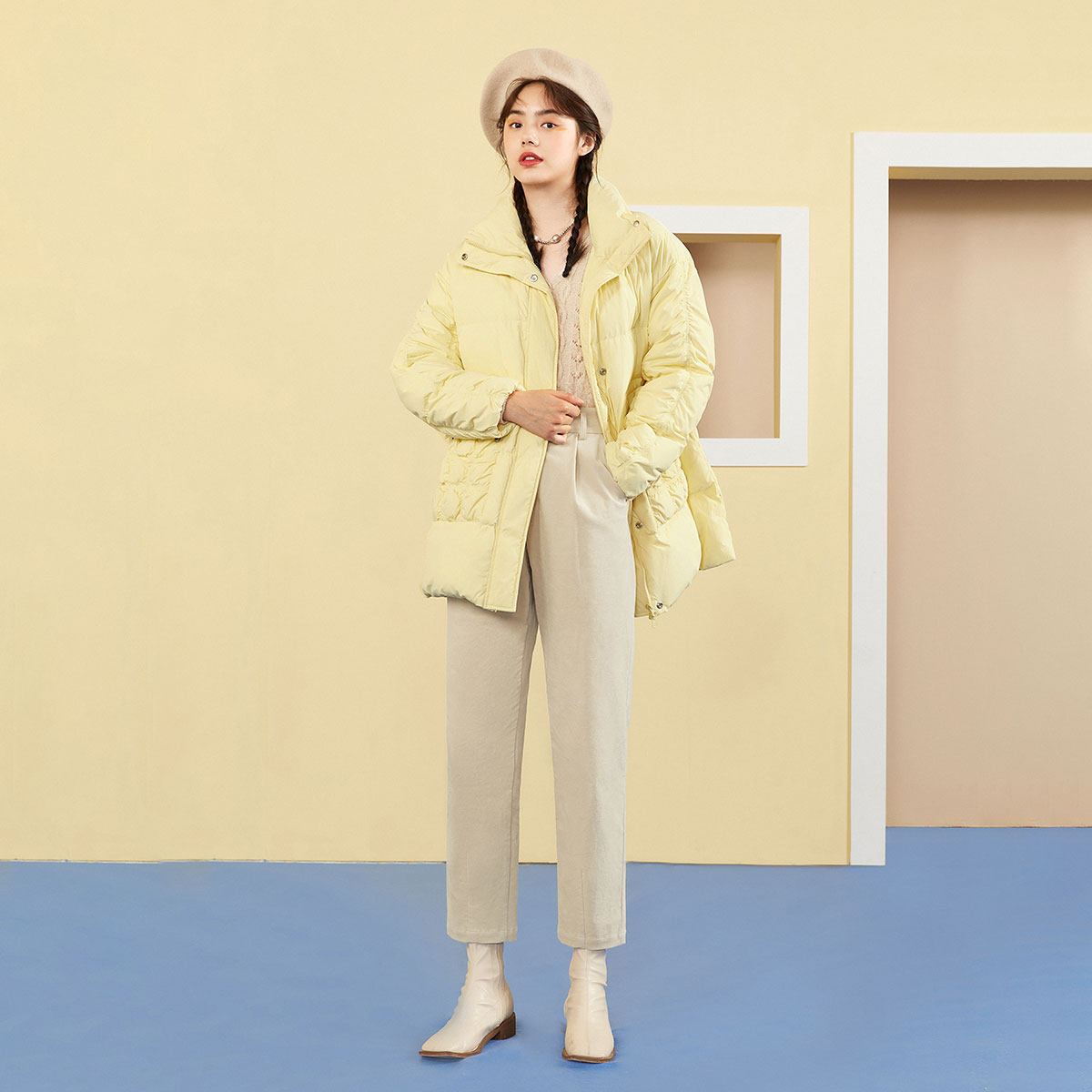 太平鸟2020新款黄色中长款女白鸭绒 太平鸟喜之乐羽绒服