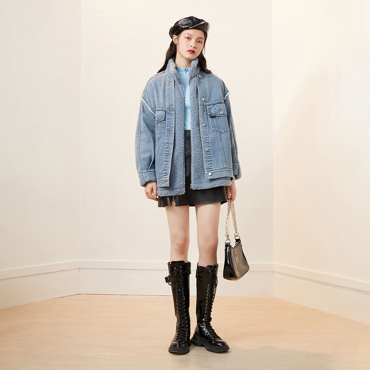 太平鸟假两件牛仔2020秋冬新款休闲 太平鸟广仁短外套