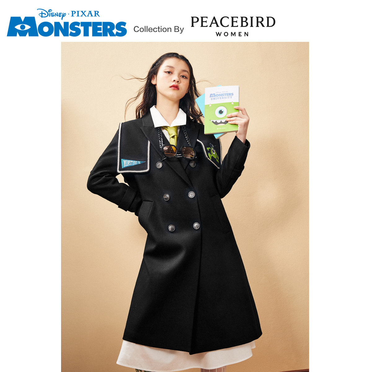 【怪兽大学联名】太平鸟黑色中长款 太平鸟喜之乐毛呢外套