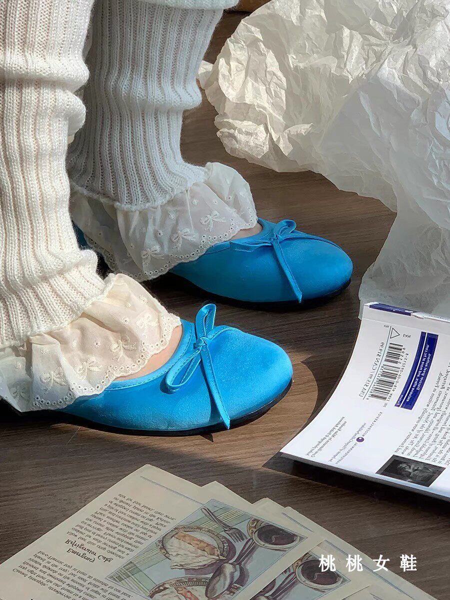 蓝色芭蕾鞋绸缎蝴蝶结圆头法式单鞋女2026款温柔风一脚蹬平底鞋子,淘宝优惠券,粉丝福利购,淘宝优惠卷