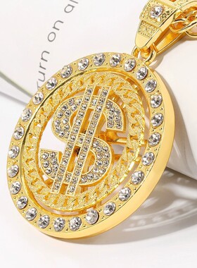 跨境时尚360度转动美金吊坠镶钻金色硬币旋转古巴吊坠项链饰品
