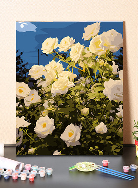 满院夜色香槟玫瑰花风景画数字画