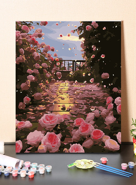 满院粉色玫瑰花风景画数字油画