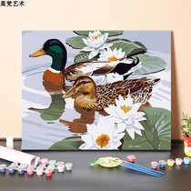 Digital Oil Painting Diy Hand Fill 2 Mandarin Lotus Flowers Pool Play Water Wind Landscape Painting Hand-painted Painted Propylene Oil Color Painting