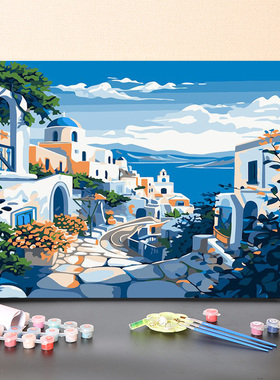 地中海蓝色建筑风景画数字油画