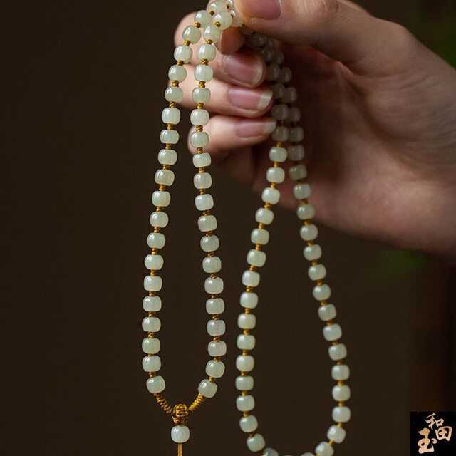 Hotan color jade necklace lanyard Aventurine apple bead full bead chain men's and women's jade pendant rope pendant lanyard