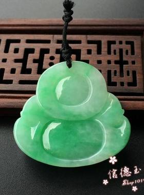 翡翠色玉石吊坠冰种笑弥勒佛阳绿飘花女款玉坠佛像吊坠简约大气款