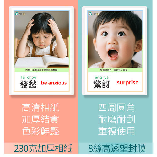 繁体版情緒認知卡片英文英語單詞閃卡表情臉譜圖兒童早教訓練教具 - 图2