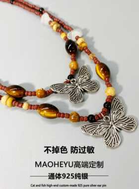 S925纯银复古蝴蝶项链新中式