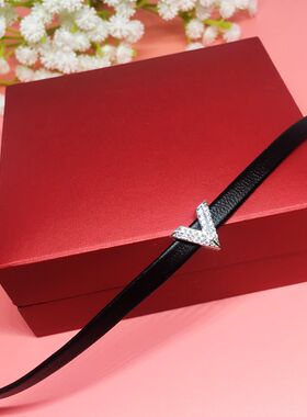 925纯银字母皮绳项链女脖子饰品