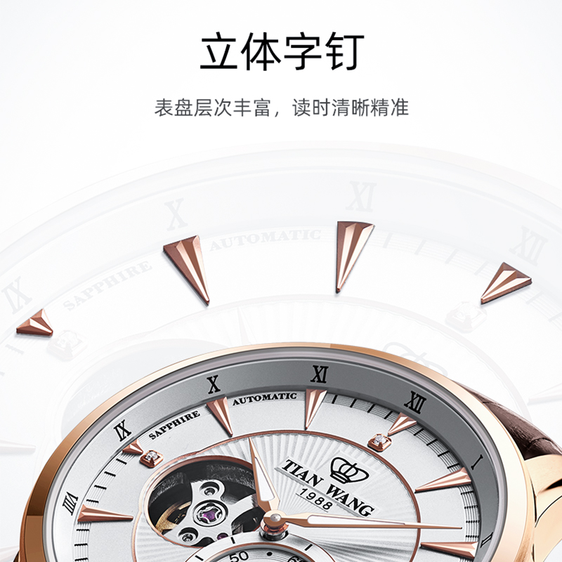 【专柜直发】天王旗舰店轮时代经典镂空机械表真皮男士手表5963