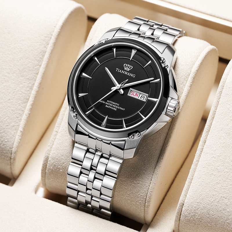 商务圆形黑色自动51051天王表 天王国产腕表