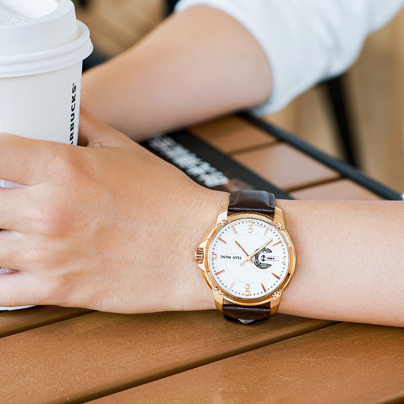 正品镂空自动大表盘真皮商务天王表 天王国产腕表