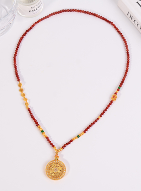 铜合金项链 红色可转动八宝罗盘项链女高级感新中式毛衣链配饰品