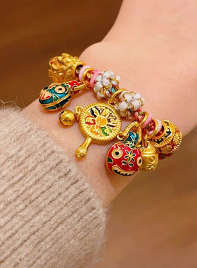 铜合金手链 新中式编绳拨浪鼓一家三口吞金兽手链女貔貅彩绳手饰