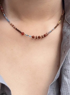 钛钢项链 复古度假风彩色串珠项链女新中式小众锁骨链夏配饰