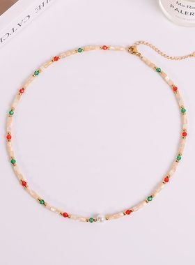 钛钢项链 彩色多巴胺项链女叠戴串珠锁骨颈链气质时尚配饰不褪色