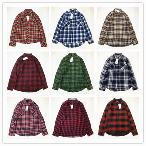 Plaid coat color matching vintage japanese retro loose long-sleeved unisex workwear versatile shirt 2536