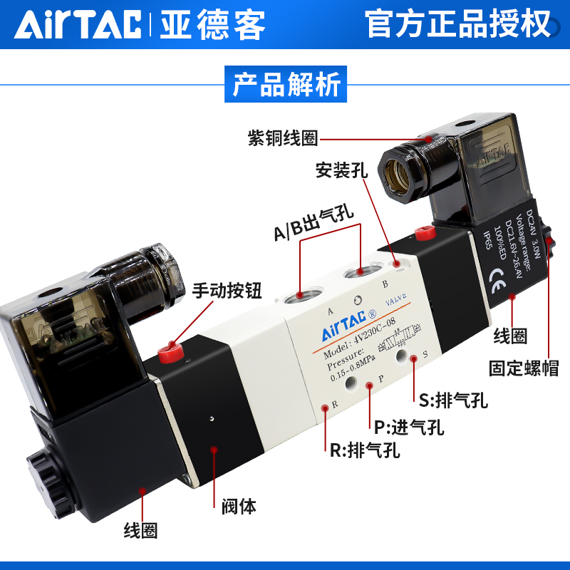 亚德客三位五通中封电磁阀4v230c-08 4v230e-08气动换向控制阀24v - 图2