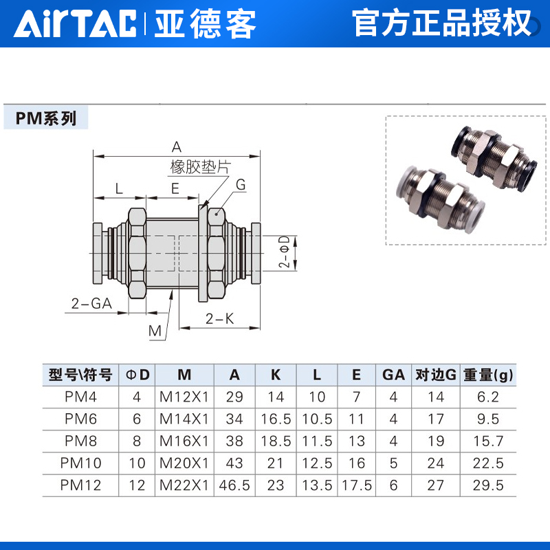 亚德客原装接头隔板直通 穿板直通 PM4 PM6 PM8 PM10 PM12 AirTAC - 图1