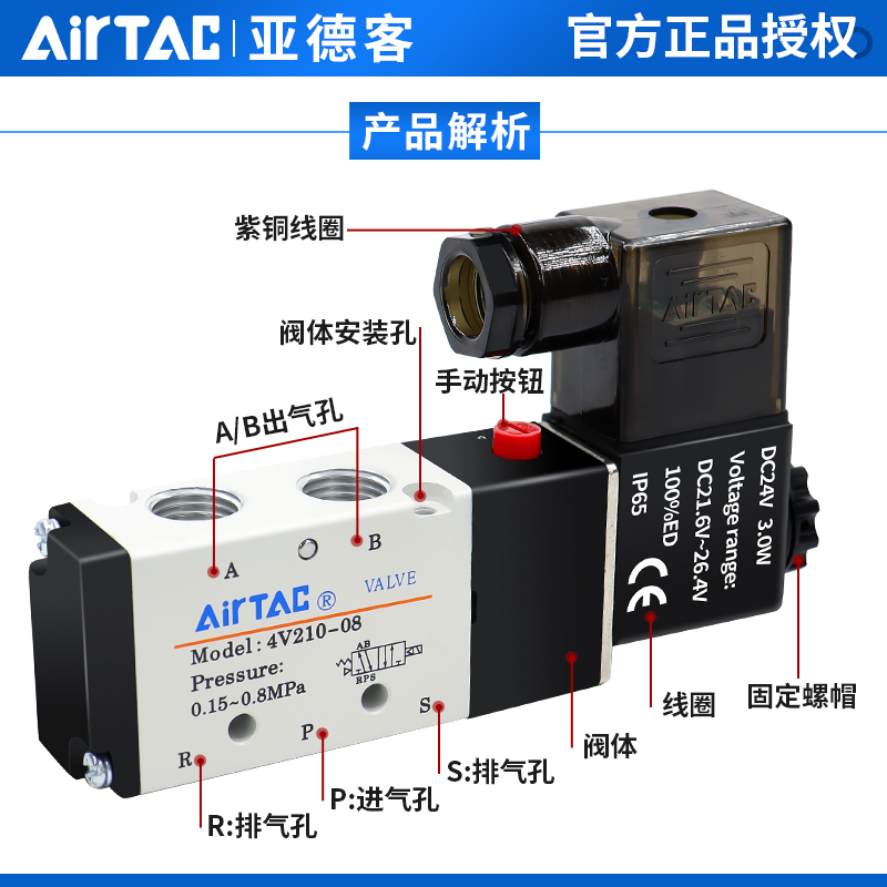 亚德客气动电磁阀4V210一08换向阀220V线圈控制阀24V电子气阀12V