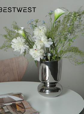 Bestwest电镀银色轻奢柱状陶瓷花瓶摆件家居软装客厅餐桌花器