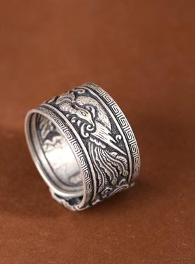 适用足银戒指复古做旧宽版扳指开口食指指环浮雕蝴蝶民族风银饰品