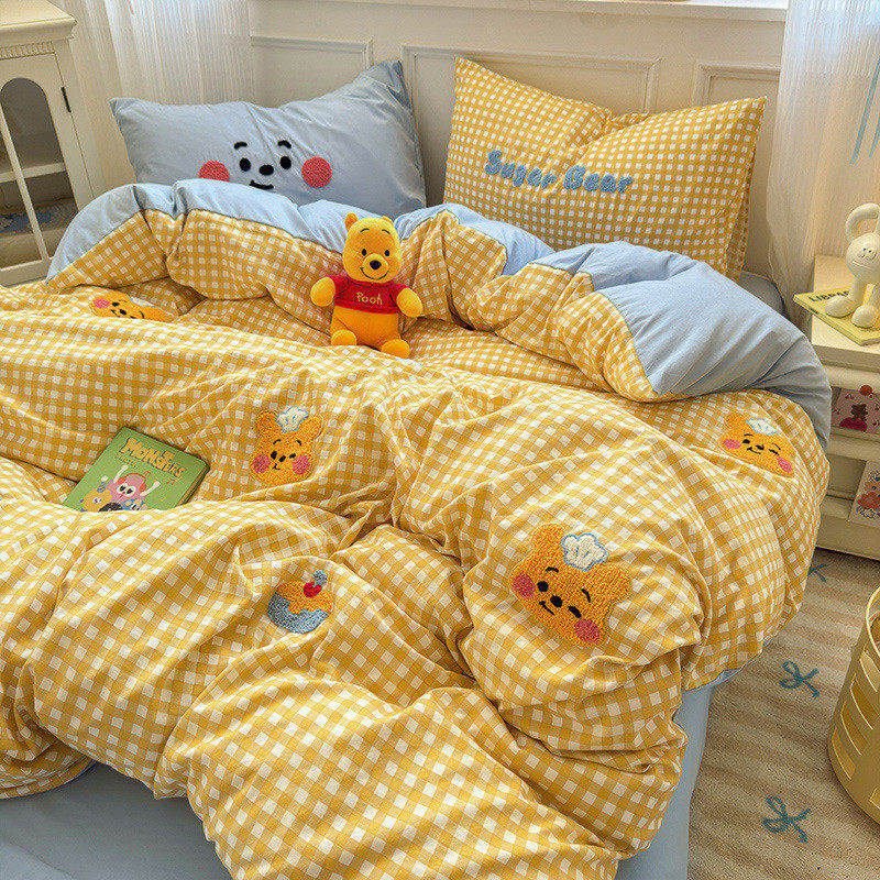 ins卡通水洗棉刺绣四件套儿童宿舍床单三件套猫kt少女心床笠被套4,淘宝优惠券,粉丝福利购,淘宝优惠卷