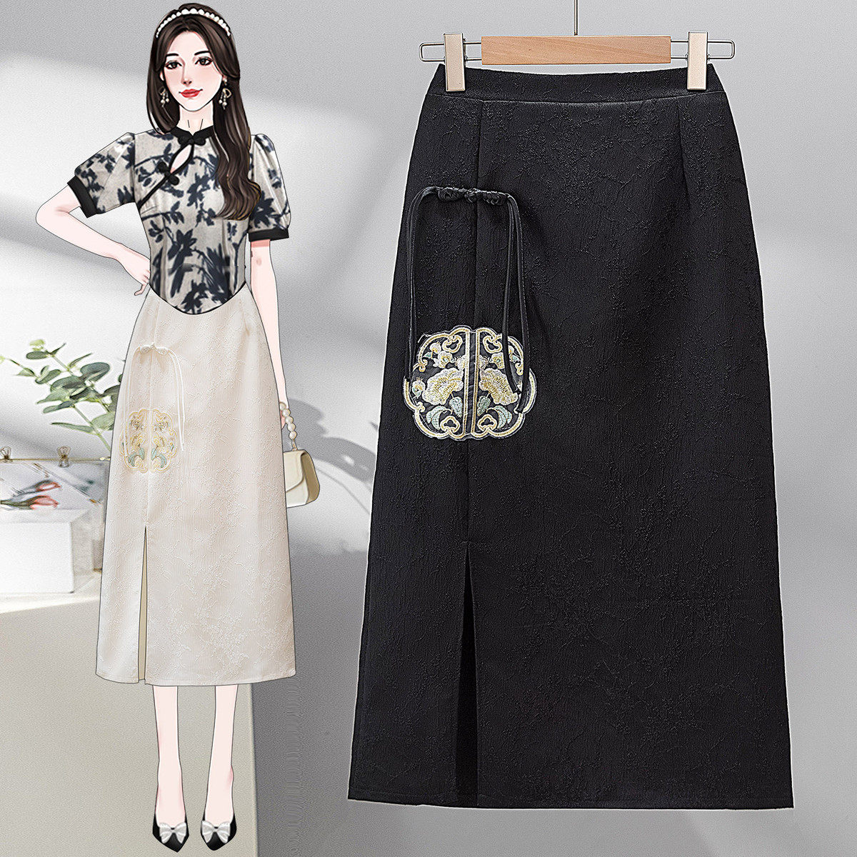 新中式国风提花缎面女夏季大码高级感中长款开叉直筒包臀裙,淘宝优惠券,粉丝福利购,淘宝优惠卷