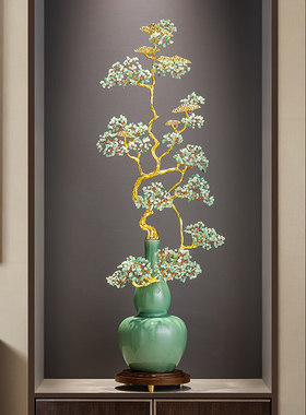 新中式天然原石黄水晶葫芦发财树摆件招财客厅玄关竖高轻奢装饰品