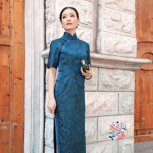 三重门{宫兰玉}夏季复古花罗真丝桑蚕丝旗袍高端中国风长款礼服女 - 图3