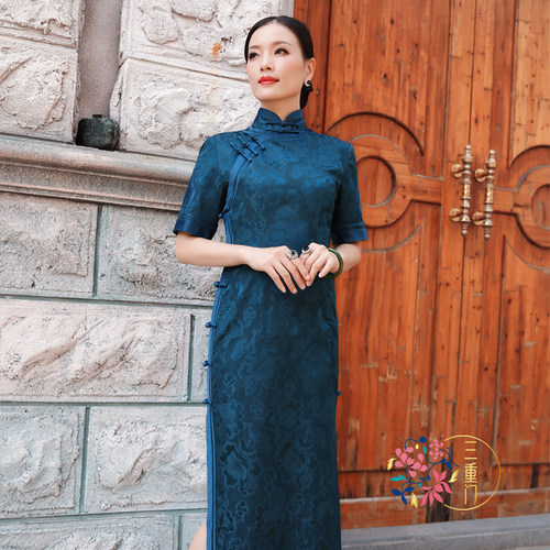 三重门{宫兰玉}夏季复古花罗真丝桑蚕丝旗袍高端中国风长款礼服女 - 图1
