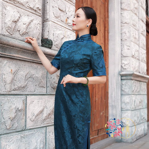 三重门{宫兰玉}夏季复古花罗真丝桑蚕丝旗袍高端中国风长款礼服女 - 图0