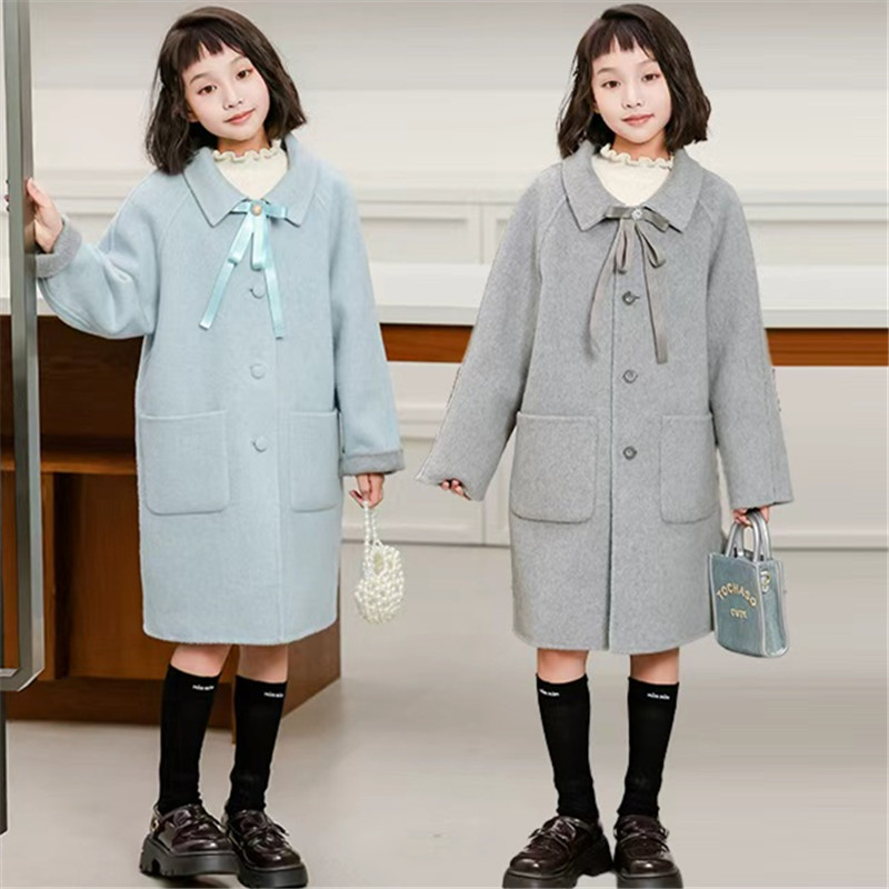 2025女童双面羊绒大衣新款儿童可爱蝴蝶结双面穿双面呢羊毛大衣 - 图0