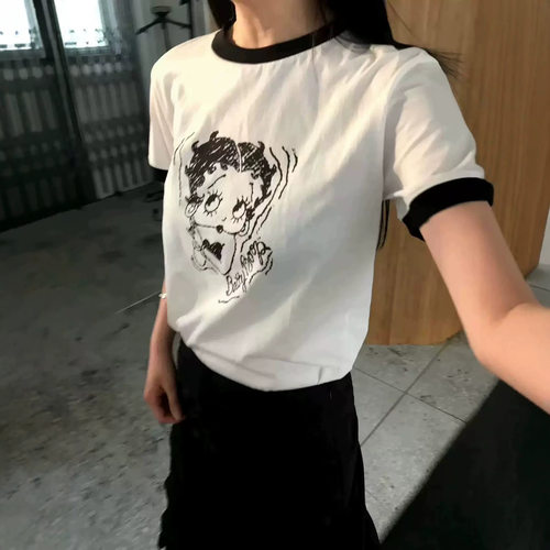 韩国设计师we are美式甜妹手绘风贝蒂头像短袖T恤撞色拼接上衣 - 图0