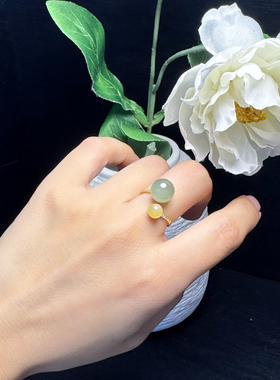 天然和田玉冰晴水黄口料双色多宝戒指女款送礼一图一物冰种