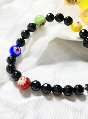 Millefiori Murano 花朵手链威尼斯 Murano 玻璃手链黑色串珠手链