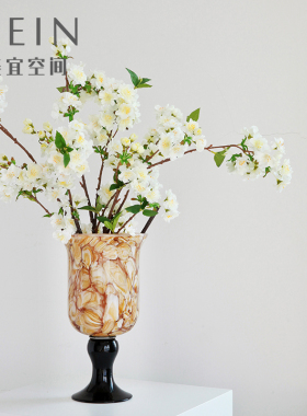 中古法式风高脚复古宽口琥珀玻璃花瓶高级感桌面水培摆件琉璃花器
