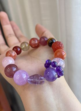天然水晶手链多宝大颗粒手串紫水晶草莓晶粉水晶紫锂辉金发晶礼物