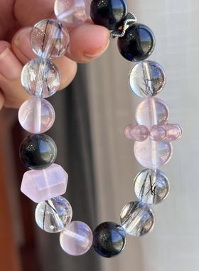 天然水晶手链设计款手串粉水晶黑钛晶发晶黑曜石金虎眼草莓晶礼物