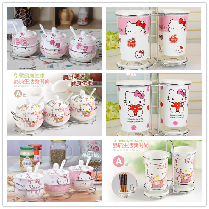 hello kitty可愛卡通陶瓷調味罐鹽罐調味盒筷子筒筷子架套裝