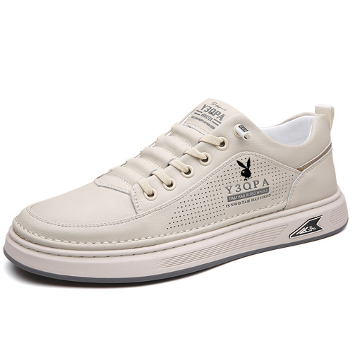 花花公子男鞋2025新款真皮透气镂空休闲皮鞋运动板鞋一脚蹬小白鞋 - 图3