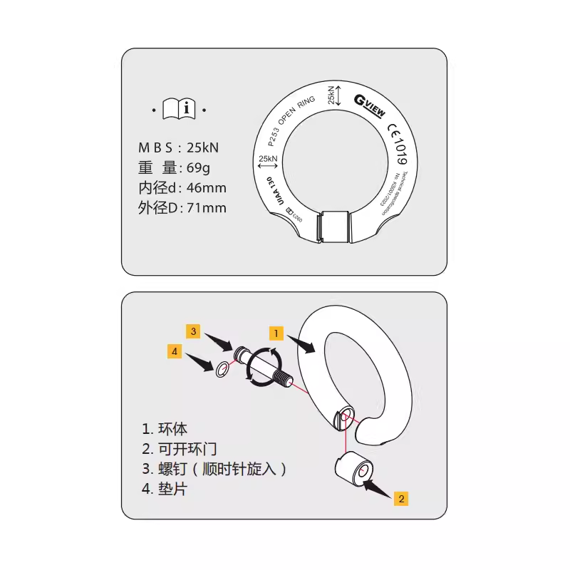 GVIEW/旗云 OPEN RING P253可开启圆环探洞救援担架连接环分力环-图2