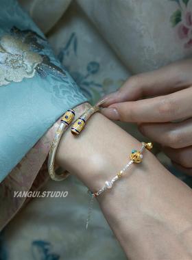 原创「梨香炉」新中式国风纯银足银999描金珐琅实心手镯女礼物