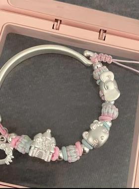 足银999可爱卡通Kitty猫半镯纯银玉桂狗美乐蒂手链女友三丽手镯